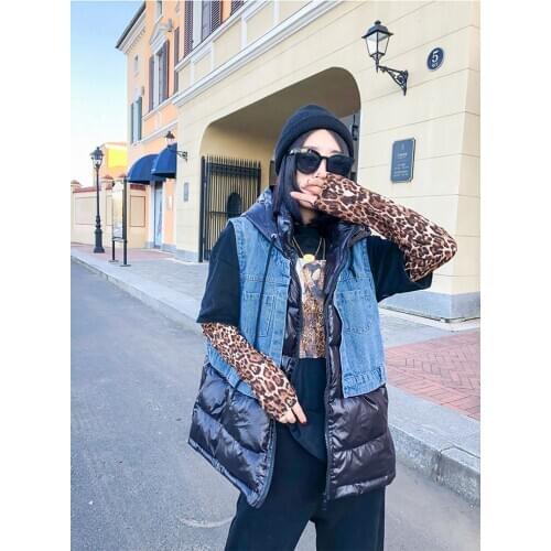 2020 Women Winter Sleeveless Coats Korean-Style Cotton Casual Vest Fashion denim stitching Hooded Loose Jacket Puffer Vest