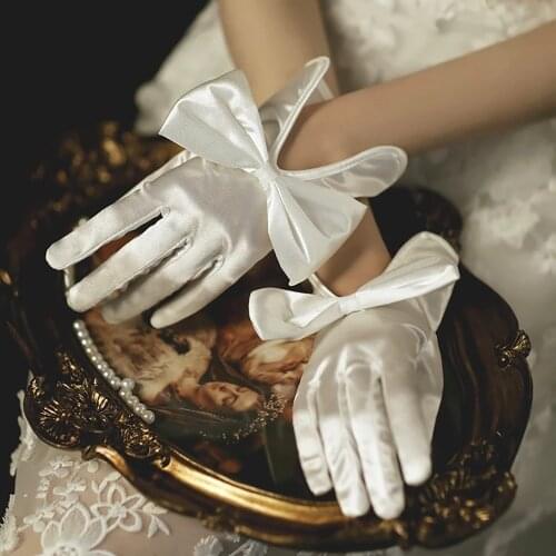 Women Short Full Fingers Bow Gloves Elegant White Ivory Satin Bridal Wedding Gloves Wedding Prom Party Dancing Accessories