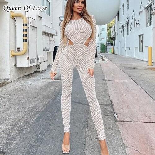 See Through Hollow Out Sexy Zipper Jumpsuit Women 2020 New Summer High Waist Hole Skinny Elastic Club Streetwear Rompers