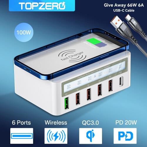 10W QI Wireless Charger 6 Ports LED Display 40W Fast usb c Charger Quick Charge 3.0 Wireless Charging for iphone 12 Pro xiaomi