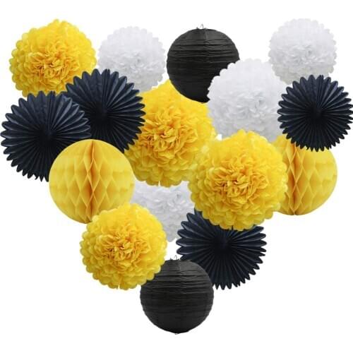 16PCS Hanging Party Decorations Kit Paper Pom Poms Honeycomb Balls Lanterns Fans for Bee Day Birthday Graduation Baby Shower