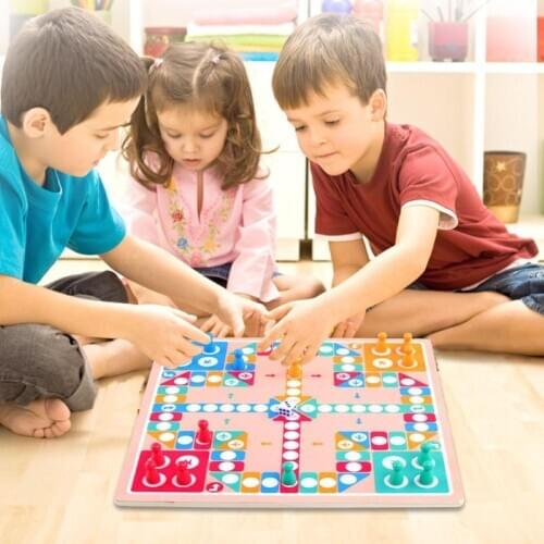 2 in 1 Double-Faced Wooden Flying Ludo Snake Ladder Game Board Kids Family Toy Parent-Child Education Interactive Games