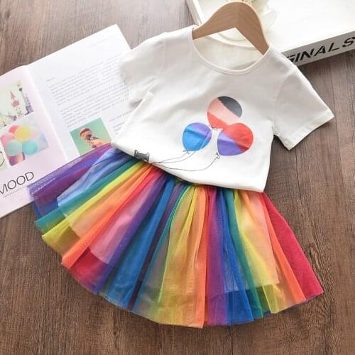 27kids Fashion Girls Cartoon Balloon T-shirt Cute Children Short Sleeve Korean Rainbow Mesh Baby Princess Dress