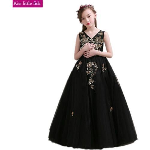 Free Shipping Black Flower Girls Dresses for Party and Wedding Girls Dress Long Flower Girl Pageant Ball Gown