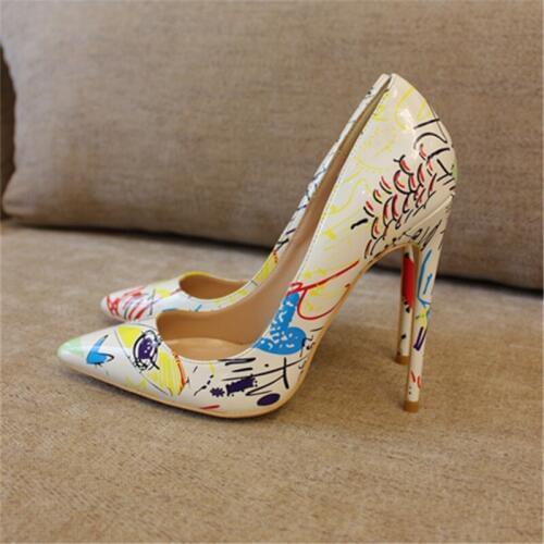 Free shipping fashion women Pumps lady white Graffiti Printed Pointy toe high heels shoes size33-43 12cm 10cm 8cm Stiletto heels