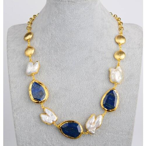 21'' Grey Keshi Pearl Blue Lapis 24k Yellow Gold Plated Chain Necklace