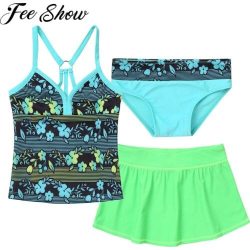 3Pcs Kids Girls Swimsuits Beach Bikini Swimming Outfit Swimwear V Neck Sleeveless Floral Print Tops with Skirt and Briefs Set