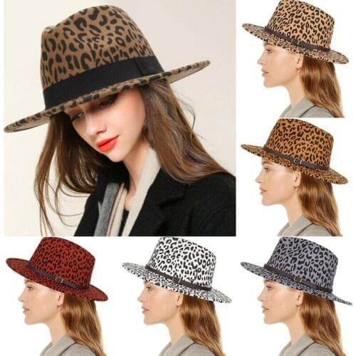 Goocheer New Arrival Winter Autumn Fashion Unisex Hard Felt Panama Leopard Print Hat Fedora Trilby Hats Gangster Caps Wide Brim