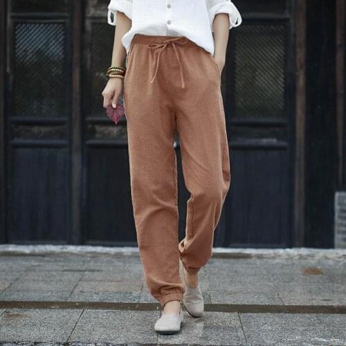 Johnature 2021 New Cotton Linen Pockets Full Length Elastic Waist Straight Pants Autumn Winter Simple Retro 3 Color Women Pants