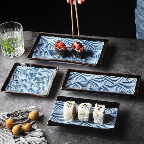 Japanese Style Blue Wave Pattern Ceramic Plate Western Tableware Steak Dish Home Kitchen Porcelain Plate Rectangle Square