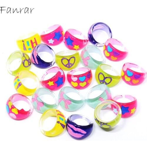 Bulk items wholesale 20pcs cute Cartoon Mixed Bow Star Peace sign Lips Ring for Girls Children Kids Rings Jewelry Size 15mm