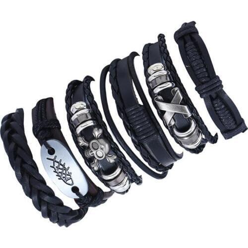 Punk Gothic Rock Skull Black Multilayer Leather Bracelets Fashion Beads Skeleton Fish Charm Weave Rope Wristbands Vintage Bangle