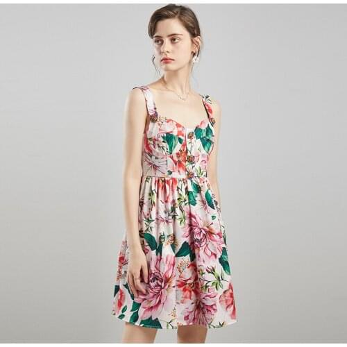 JSXDHK Runway Summer Floral Print Dress Womens Sexy Spaghetti Strap Petal Button Holiday Mini Dress Luxury High Waist Sundress