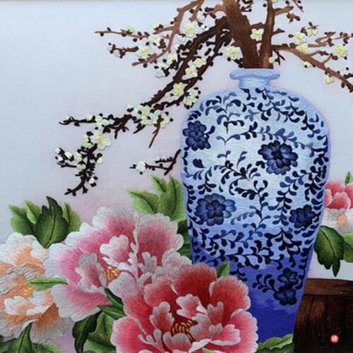 Mural hand-embroidered plum blossom peony living room tea restaurant interior decoration special gift hanging painting SP0126