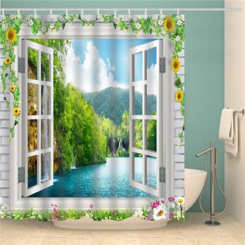 Scenery Decor Waterproof Polyester Fabric Bathroom Shower Curtain 3D Sunny Beach Window Sea View Bath Screen Large 180cmX200cm