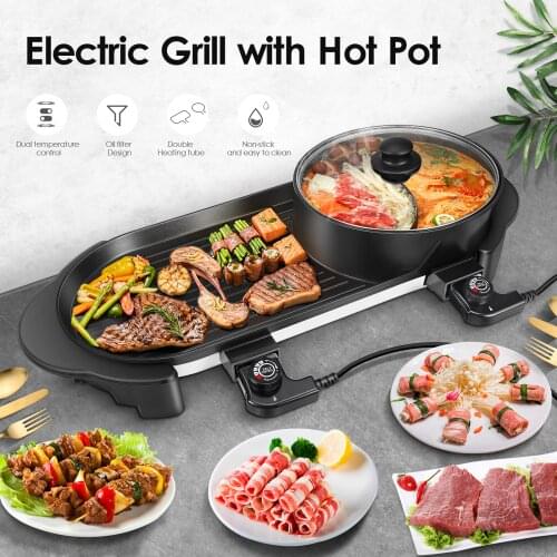 Portable Electric Grill Electric Barbecue Grill Indoor Hot Pot Chafing Dish Multifunctional Non-Stick Pan Electric Cooker