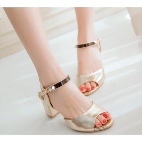 PXELENA Square High Heels Sandals Girls Peep Toe Shoes Ankle Strap Classic Sandals Women Gold Silver Pink Blue 2018 Summer 34-43