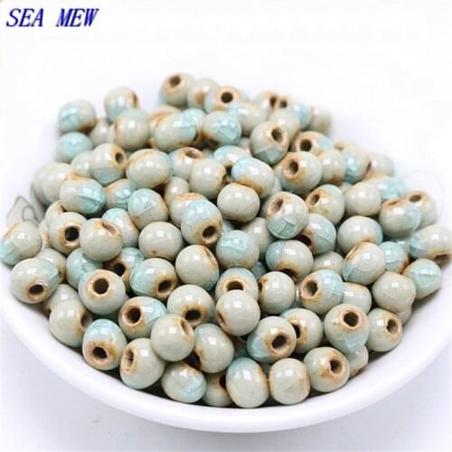 SEA MEW Wholesale 6mm 8mm 10mm Blue Porcelain Loose Beads Ceramic Beads Handmade DIY Hole Beads kf88