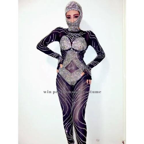 Sexy gogo jumpsuit hat detachable Bar Leading Dance Team Costume Sequin Rhinestones Mesh Set Performance Stage Outfit