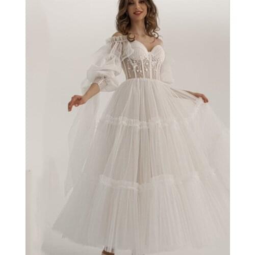 Midi Length Wedding Dress Elegant Lace Long Flowy Dress Corset Bride Dresses Sweetheart Pleat Bridal Gowns A-line Robe De Mariee