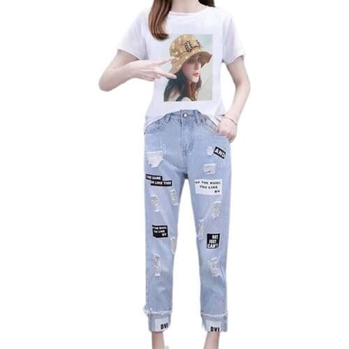Women Cartoon T Shirts Jeans Suits Casual Short Sleeve Print Tshirt+Calf-Length Denim Pants Sets for Ladies Woman