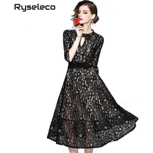 2019 Plus size Fall Women Evening Party Lace Dresses Hollow Out Floral Crochet Lace Up Back Vestido Business Office Casual Dress