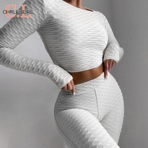 CHRLEISURE Jacquard Sporty Two Piece Set O-Neck Long Sleeve Crop Top High Waist Leggings Gym Fitness Women Set Solid 2010 Outfit