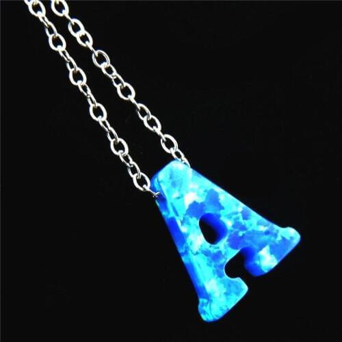 26 Initial Synthetic Letter Necklace A-Z Blue Fire Capital Letters Opal Pendant Stainless Steel Chain Necklace