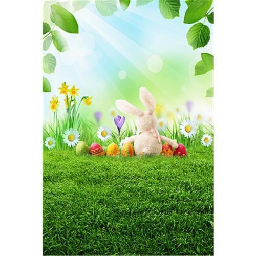 3x5ft Easter Photography Background Studio Photo Props Vinyl Rabbit Eggs Green Meadow Flowers Sunshine Photo Backdrops Cloth
