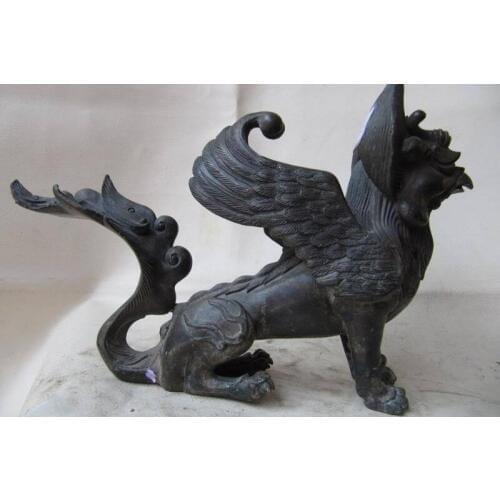8" Tibetan Pure bronze Foo Dog Fly Dragon beast Statue
