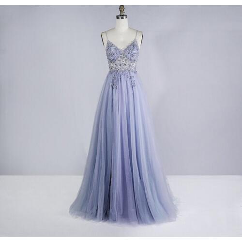 Beaded Crystal Prom Dresses 2020 Long Sexy See Through A-Line Split Tulle V Neck Spaghetti Strap Evening Formal Gown