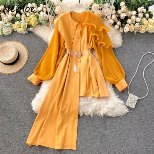 Neploe Puff Sleeve Irregular Blouse Womens Fashion Chic Turn-Down Collar Blusas Long Sleeve O-Neck Solid Color Ladies Shirt