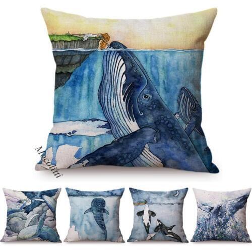 Blue Whale Style Ocean Animal Cushion Cover Water Color Painted Girls and Whale Dolphin Fairy Tales Decoration Sofa Pillow Cover