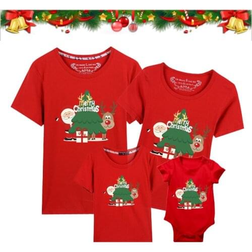 Christmas Father Mother Kid Baby Clothes Family Matching Outfits Xmas Parent-child Red Print T-shirt Short Sleeve Pullover Tops