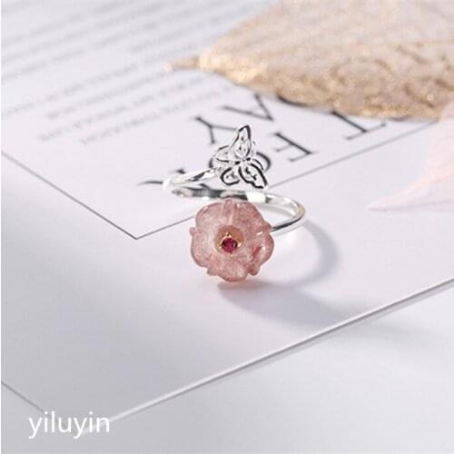 KJJEAXCMY boutique jewelryar S925 pure silver inlaid natural strawberry crystal powder butterfly flower butterfly butterfly open