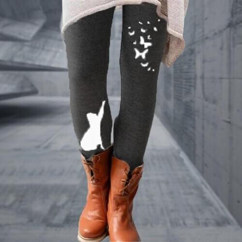 Casual Women Leggings Elastic Waistband Fitness Legging Slim High Waist Leggins Cats Butterflies Print Mujer Skinny Pants