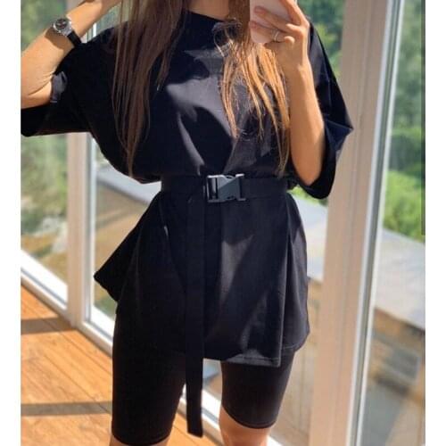 Summer Casual Loose Solid Color Suit Round Neck Solid Color Pullover Short-sleeved Top and Slim Belt Shorts Sports Home Suit