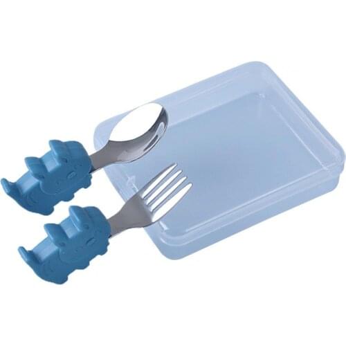 1 Set Baby Feeding Tableware Cartoon Kitten Anti-slip Handle Stainless Steel Infant Food Feeding Spoon Fork