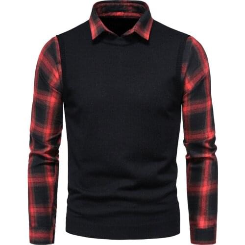 Mens Sweater Black and Red Check Shirt Lapel Sweaters Fake Two Pieces