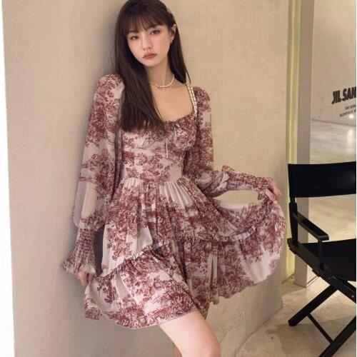 Fashion Autumn Print Dress Women Elegant Lace-up Square Collar Lantern Sleeve Dress Vintage Ruffle High Waist Party Dresses