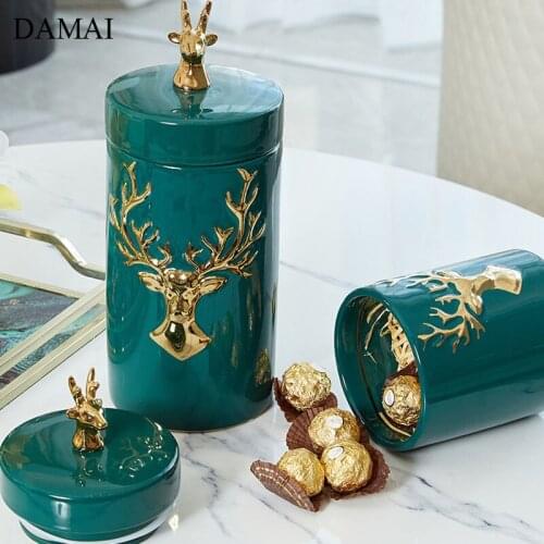 Nordic Modern Ceramic Storage Jar Golden Deer Decorative Desktop Candy Snack Jar with Lid Animal Decor Ornaments Home Decoration