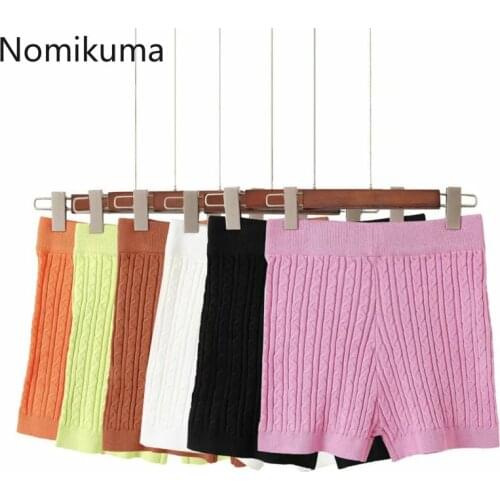 Nomikuma Knitted Twisted Women Shorts Causal Solid Stretch High Waist Bottoms 2020 Autumn Winter Fashion Sweater Short 6C891