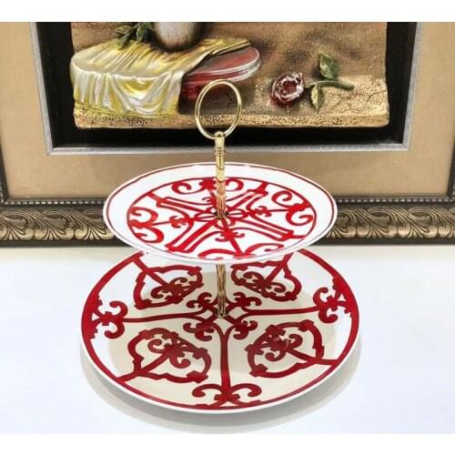 High Quality Porcelain 2-Layer Red and White Tray For Fruit Dessert Cake Decorative Food Plates Luxury Home Party Wedding Decor