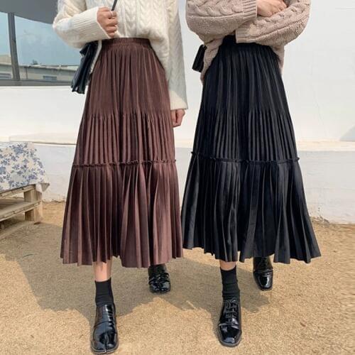 Female Vintage Long Velvet Pleated Skirt Women For Spring Summer Korean Fashion Ladies High Waist Black Green Maxi Skirt Femme