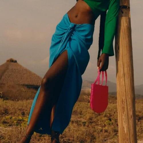 2021 Blue Wrap Midi Summer Skirt Women Vintage High Waist Sarong Skirts Fashion Side Knotted Slit Ruched Woman Skirt