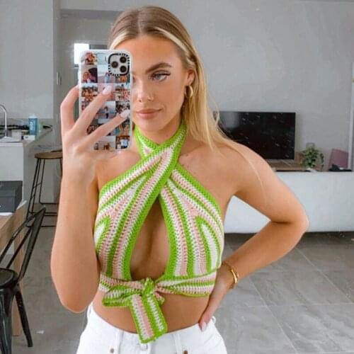 2021 Summer Hollow Out Green Tops for Women Knitted Striped Backless Sexy Tank Tops Patchwork Bandage V Neck Halter Cropped Top