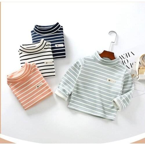 2021 Winter Toddler Girl Clothes Single High-collar Baby Warm Clothing Tops Children Add Wool Upset Striped Long Sleeve T-shirt