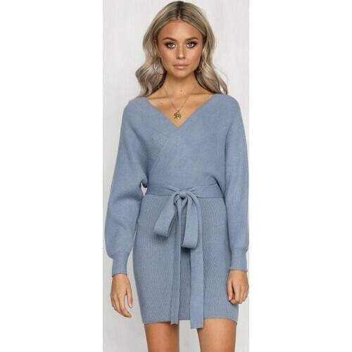 Winter Clothes Women Sexy Bag Hip Warm Long-sleeved Sweater Dress Belt Decorative Pullover Young Feminine Fashion Knitwear