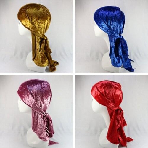 Gold velvet long tail stitch pirate hat headscarf cap bag head hat durag manufacturer cancer headwear beanies women hat