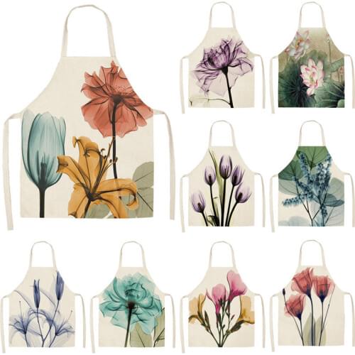 1Pcs Cotton Linen Flower Lotus Pattern Women Apron for Home Decorative Kitchen Restaurant Cooking Bib Aprons 53*65cm